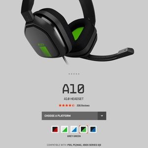 Astro A10 gaming over ear headphones and cord in gray/green